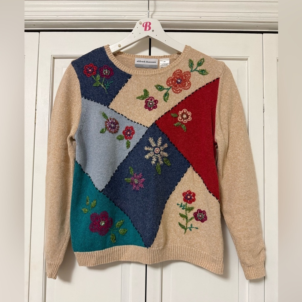 Alfred Dunner Multicolor Floral Sweater Coastal Grandma Cottagecore Patchwork